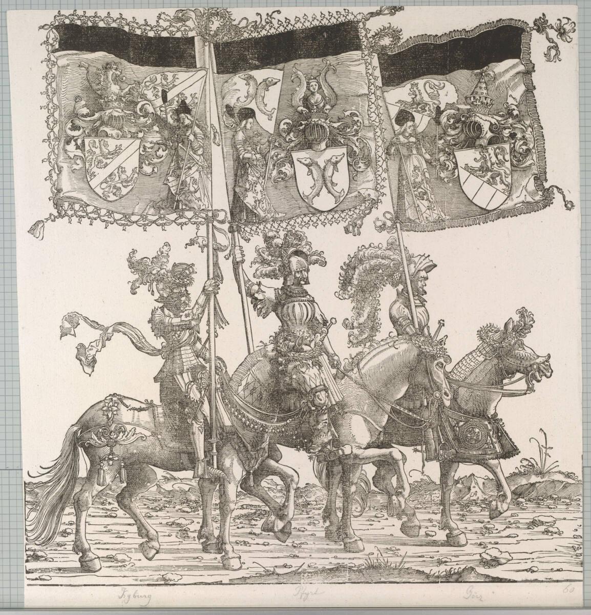 Albrecht Altdorfer, Triumphzug Kaiser Maximilians I.: Banner von Kyburg, Ferrette und Görz, Inv…