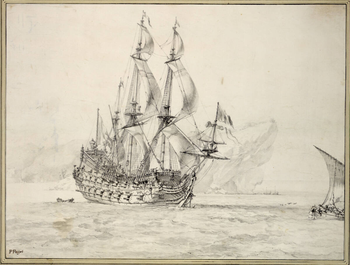 Schlachtschiff vor einer Felsenküste, Pierre Puget