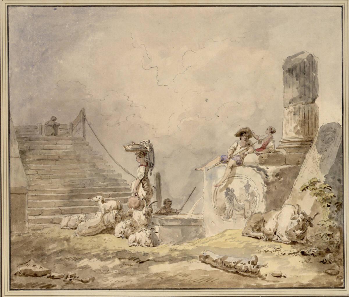 Hubert Robert, Ruinenlandschaft mit Brunnen, Hirten, einer Ziegenherde und einem liegenden Ochs…