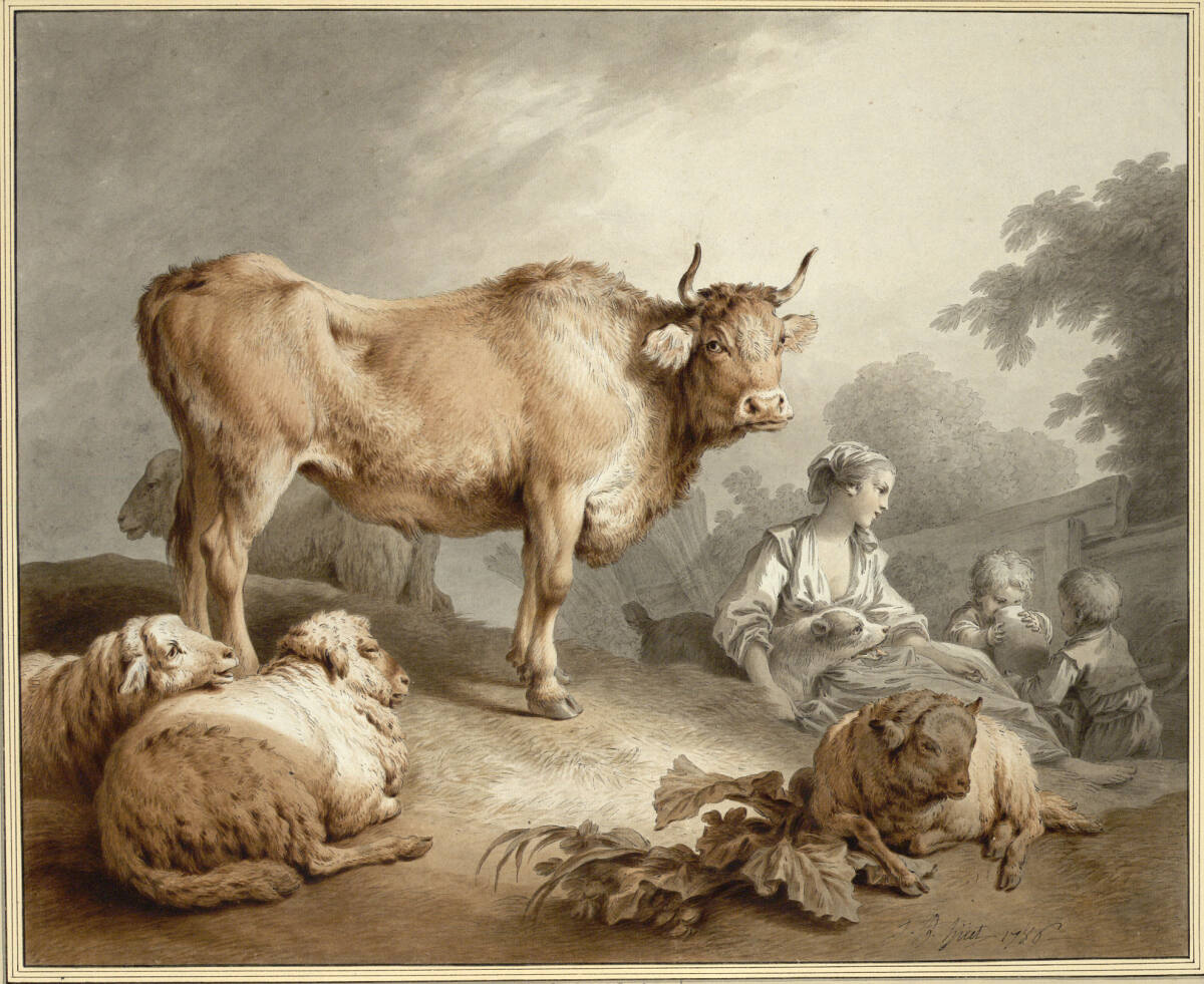 Junge Schäferin mit zwei Kindern bei einem Rind und einigen Schafen lagernd, Jean-Baptiste Huet, 1786