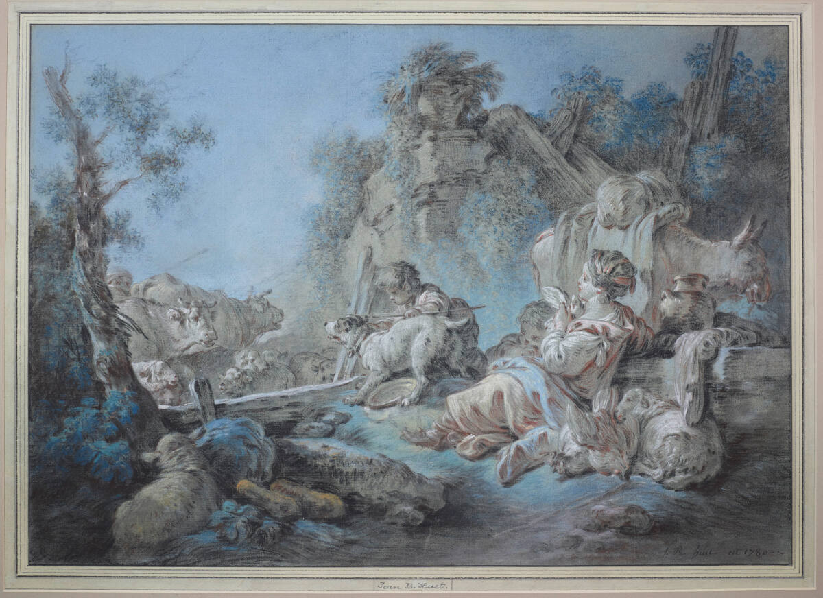 Eine junge Hirtin mit Schafen in Begleitung eines kleinen, mit einem Hund spielenden Jungen, Jean-Baptiste Huet, 1780