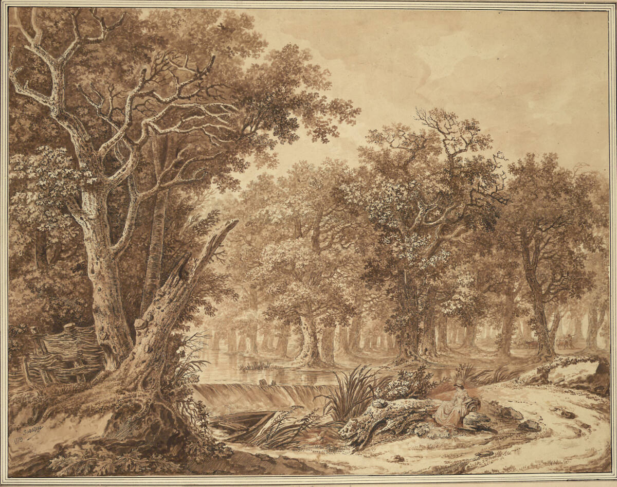 Deux Paysages l'un est animé par un Voyageur et deux dames debout près d'un Artiste dessinant la contrée et l'autre presente la Vue d'un bois chair coupé un Torrent, JeanPhilippeSarazin, 1778