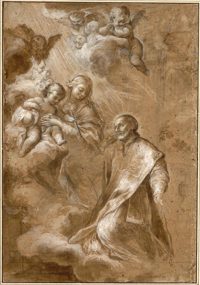 Lorenzo Berrettini, Einem auf Wolken knienden heiligen Priester (Francesco Borgia ?) erscheint …
