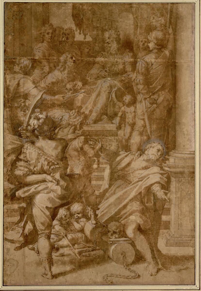 Taddeo Zuccari, Menschengruppe auf einer Treppe. (Im Mittelgrund sitzt ein Gekrönter unter eine…