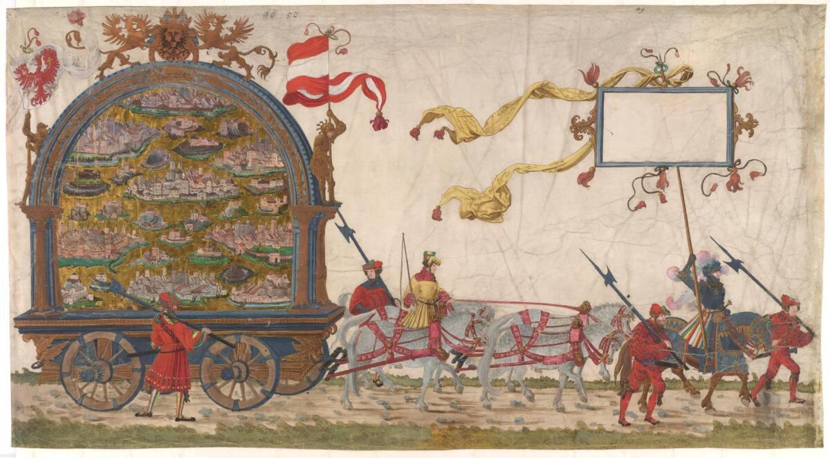 Albrecht Altdorfer, Triumphzug Kaiser Maximilians I.: Triumphwagen mit Städten und Schlössern, …