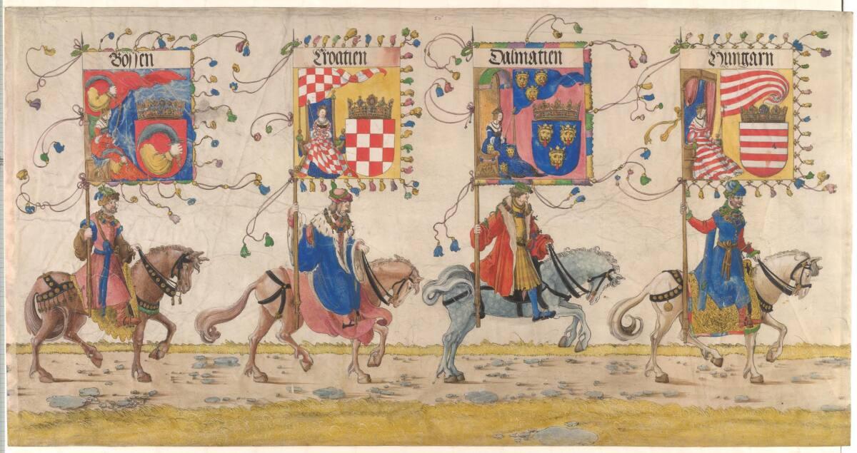 Albrecht Altdorfer, Triumphzug Kaiser Maximilians I.: Reitende Bannerträger von Ungarn, Dalmati…