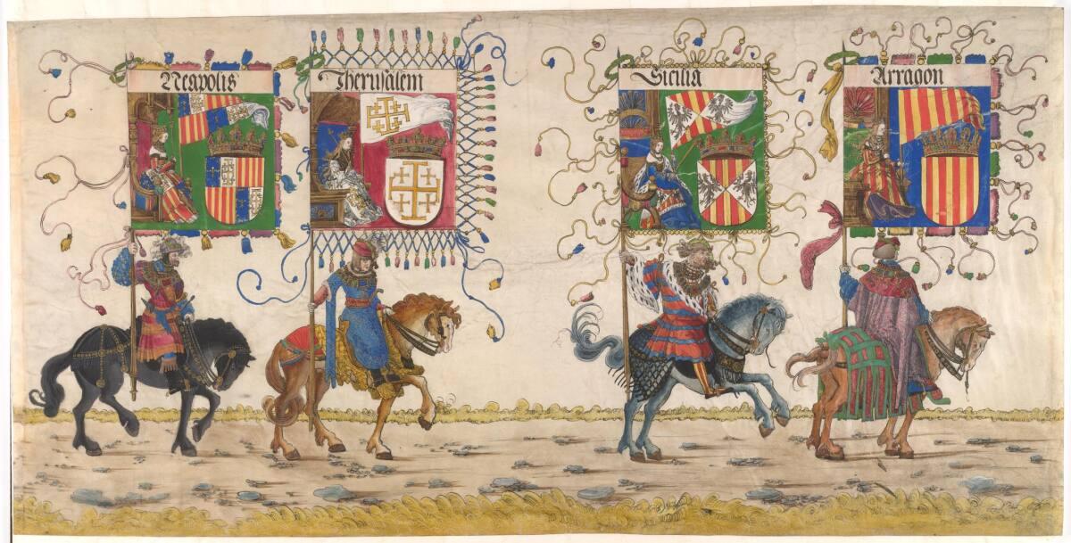 Albrecht Altdorfer, Triumphzug Kaiser Maximilians I.: Reitende Bannerträger von Aragon, Sizilie…