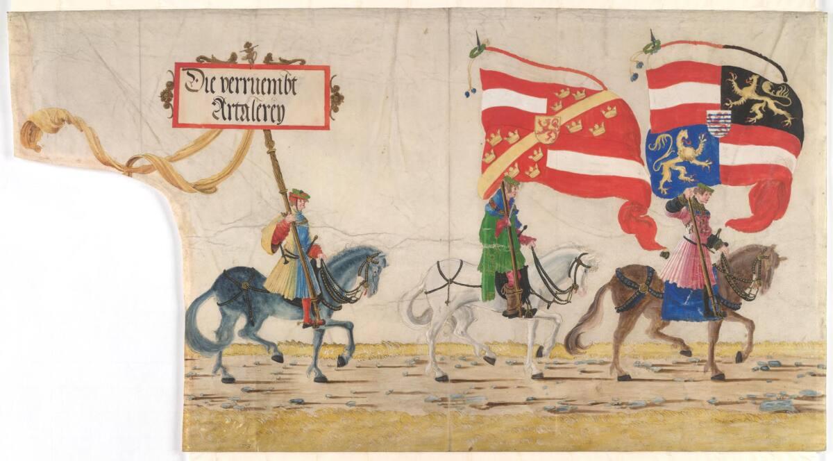 Albrecht Altdorfer, Triumphzug Kaiser Maximilians I.: Zwei reitende Bannerträger und der Vorrei…