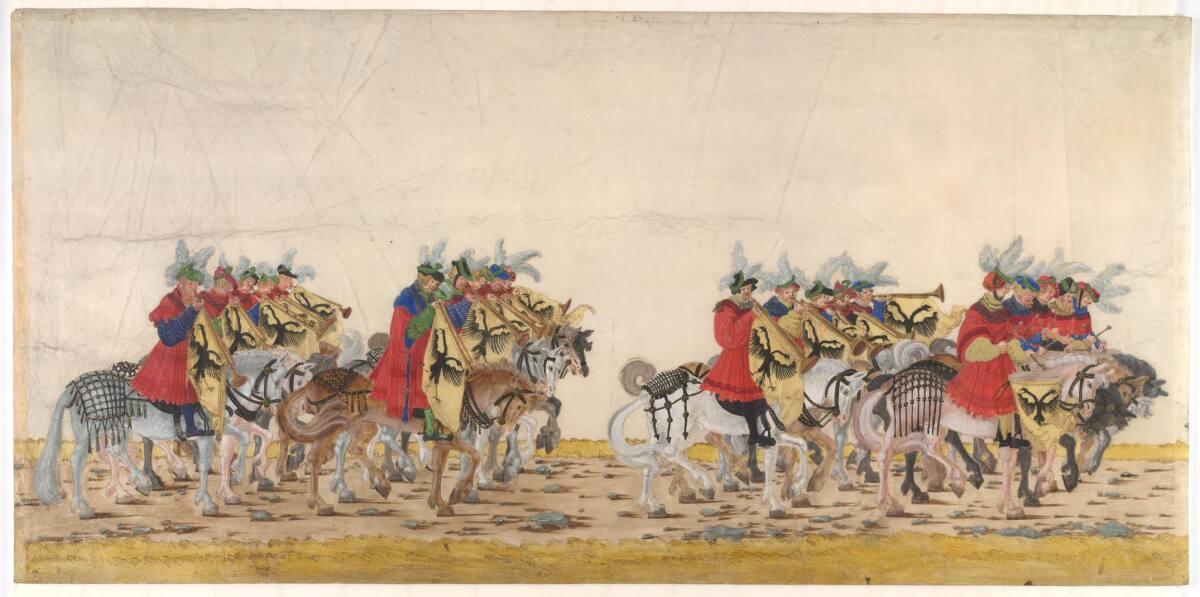 Albrecht Altdorfer, Triumphzug Kaiser Maximilians I.: Der Reichstrompeter und Reichspauker, Inv…