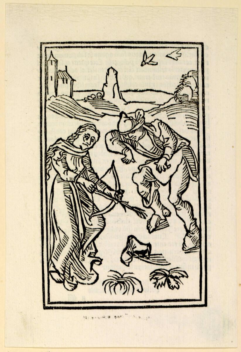 Michael Greyff, Eine Frau schießt mit Pfeil und Bogen nach den Schuhen eines Mannes, Inv. Nr.: …