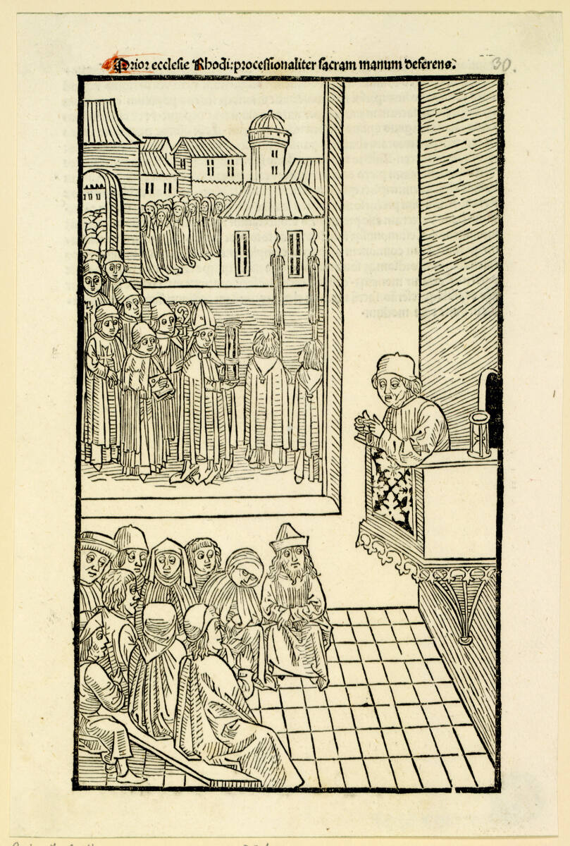 Prior ecclesie Rhodi: processionaliter sacram manum deferens, Johann Reger, 1496