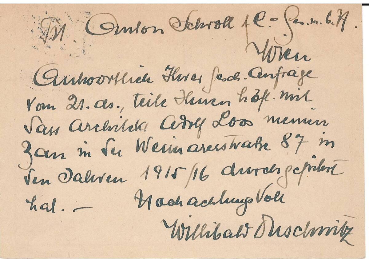 Postkarte von Willibald Duschnitz an den Anton Schroll Verlag, Inv. Nr.: ALA3401/2