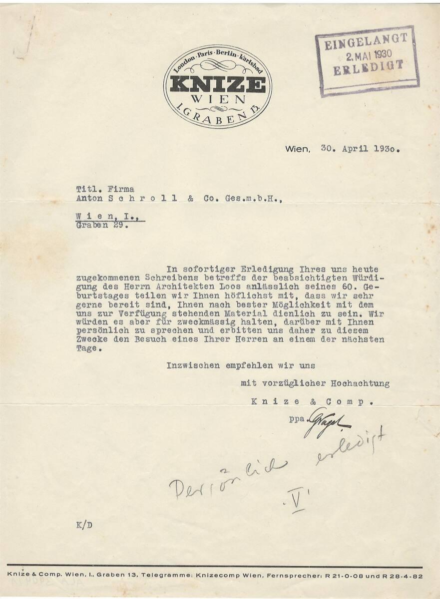 Brief von Knize & Co. an den Anton Schroll Verlag, Inv. Nr.: ALA3404/1