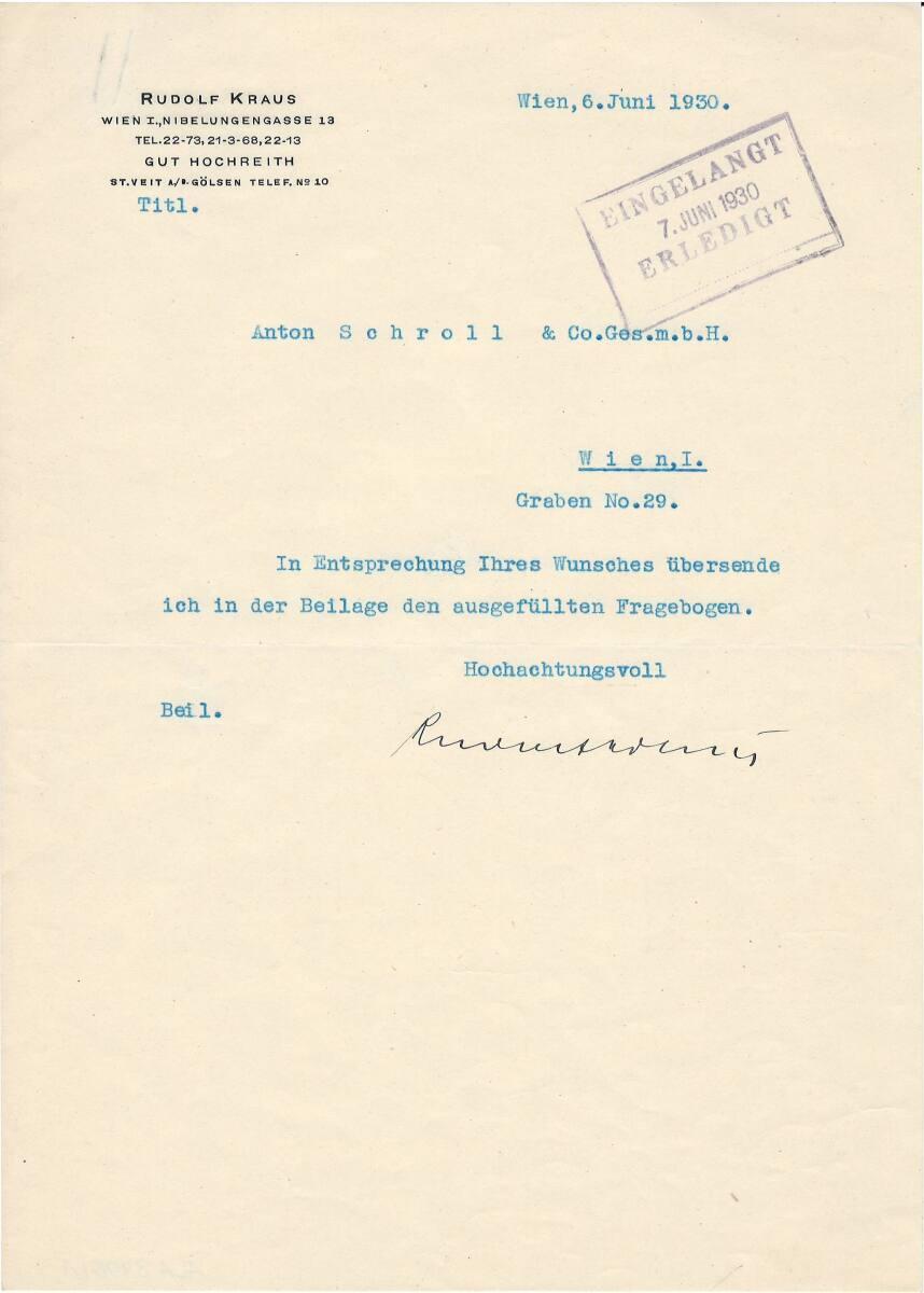 Brief von Rudolf Kraus an Anton Schroll Verlag, Inv. Nr.: ALA3406/1