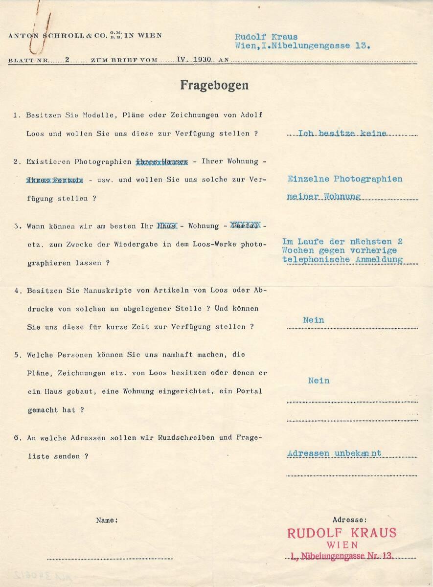 Anton Schroll & Co., Fragebogen an Rudolf Kraus, Inv. Nr.: ALA3406/2