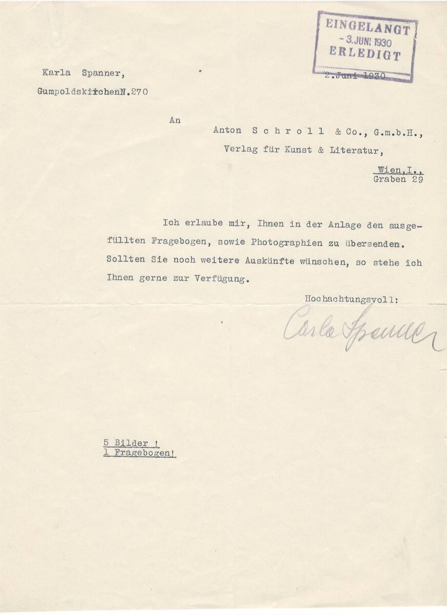 Brief von Carla Spanner an den Verlag Anton Schroll & Co., Inv. Nr.: ALA3409/2
