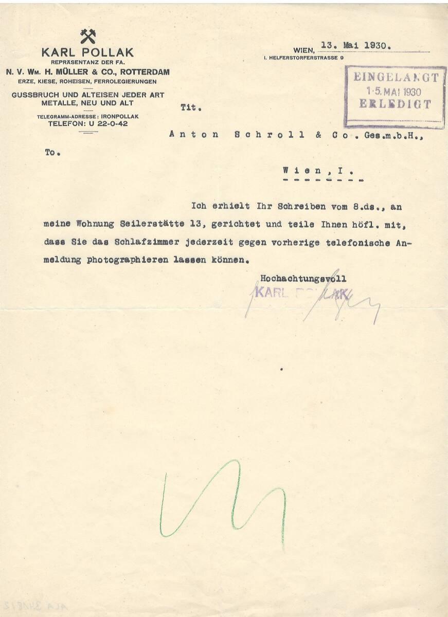 Antwortschreiben von Karl Pollak an den Schroll-Verlag (Bewohner der Wohnung Elisabeth Reitler,…