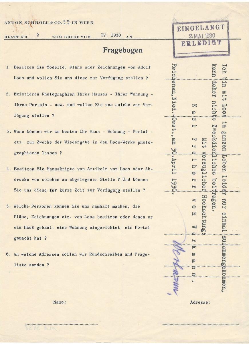 Anton Schroll & Co., Fragebogen an Karl Freiherr von Werkmann, Inv. Nr.: ALA3438