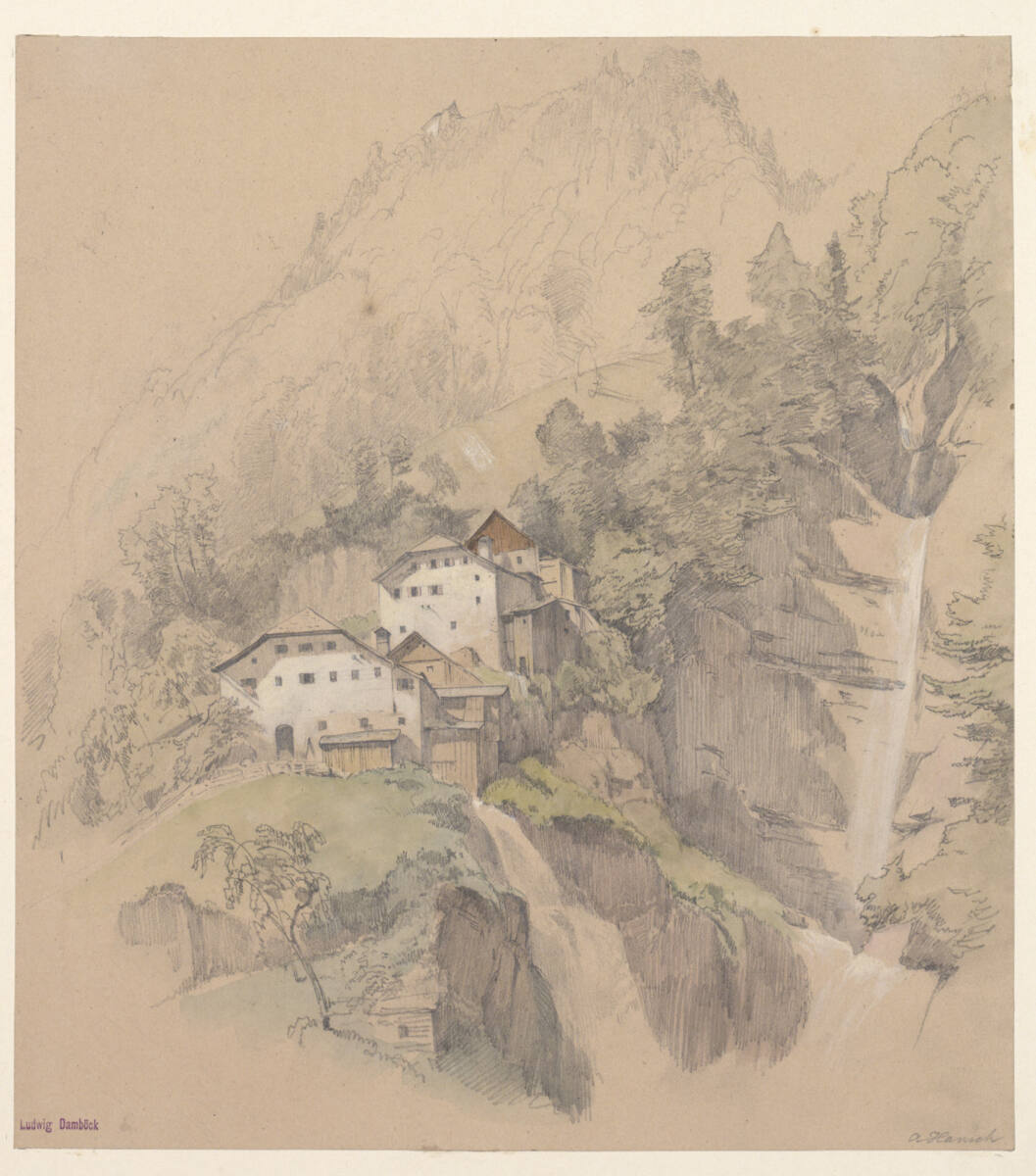 Alpenhäuser neben Wasserfall, Anton Hansch, 1850–1870