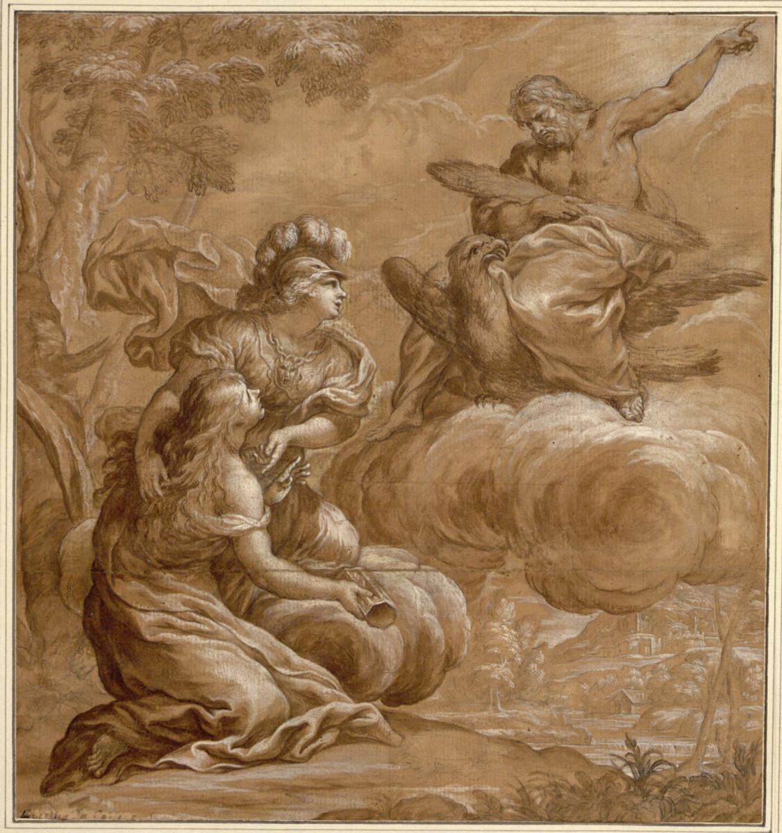 Anonym, Minerva führt dem Jupiter, der, vom Adler getragen, auf Wolken schwebt, ein Mädchen mit…