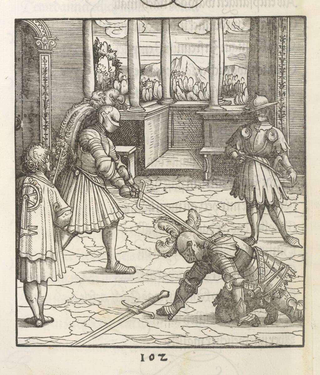Hans Burgkmair d. Ä., Theuerdank: Bild 102 - Theuerdank besiegt im Schwertkampf seinen Gegner, …