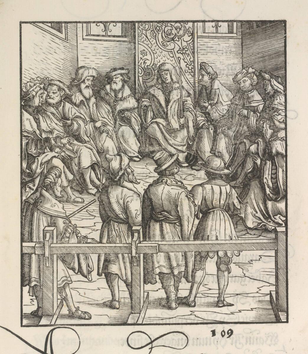 Hans Burgkmair d. Ä., Theuerdank: Bild 109 - Ein Gericht tagt über die drei bösen Hauptleute, I…