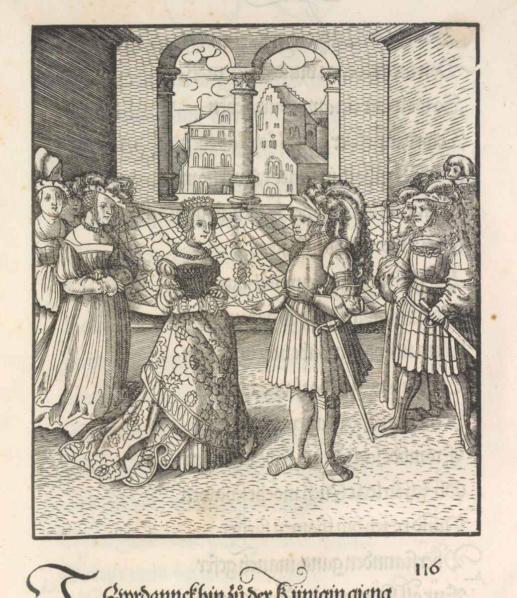 Leonhard Beck, Theuerdank: Bild 116 - Theuerdank reicht Ehrenreich die Hand dar, die von Ehrenr…