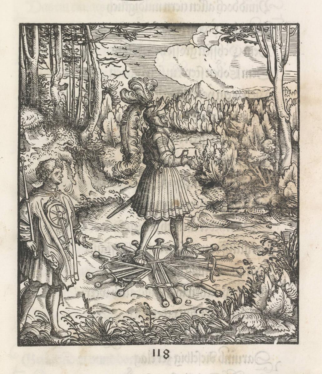 Hans Burgkmair d. Ä., Theuerdank: Bild 118 - Theuerdank steht auf vierzehn Schwertern, die zu e…