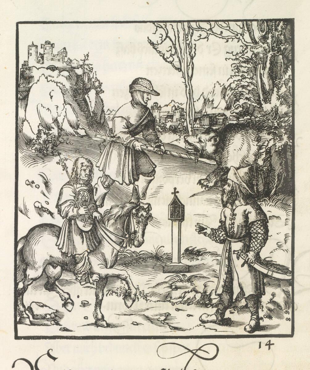 Anonym, Theuerdank: Bild 14 - Theuerdank erlegt mit einem Spieß eine angreifende Bärin, Inv. Nr…
