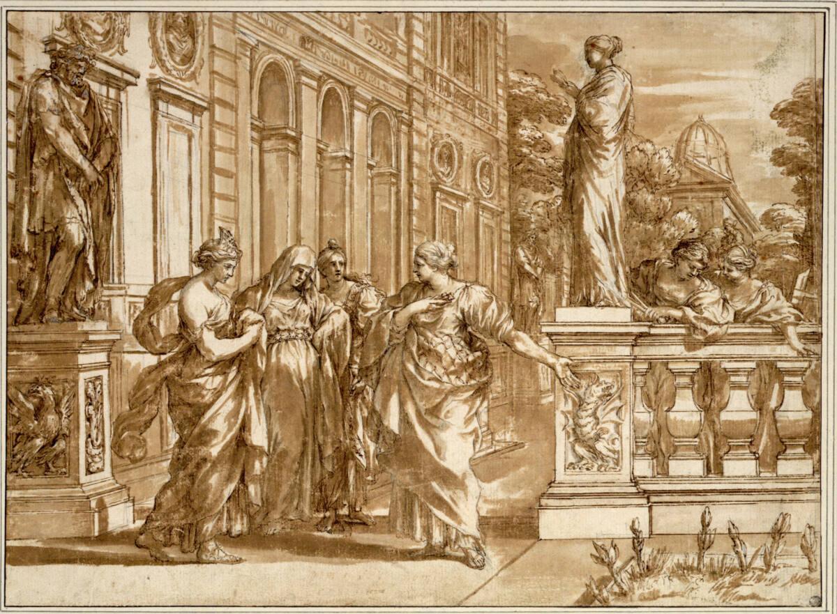 Pietro da Cortona, Allegorie zu Ehren des Collegio Romano. (Vor einer Palastarchitektur zwische…