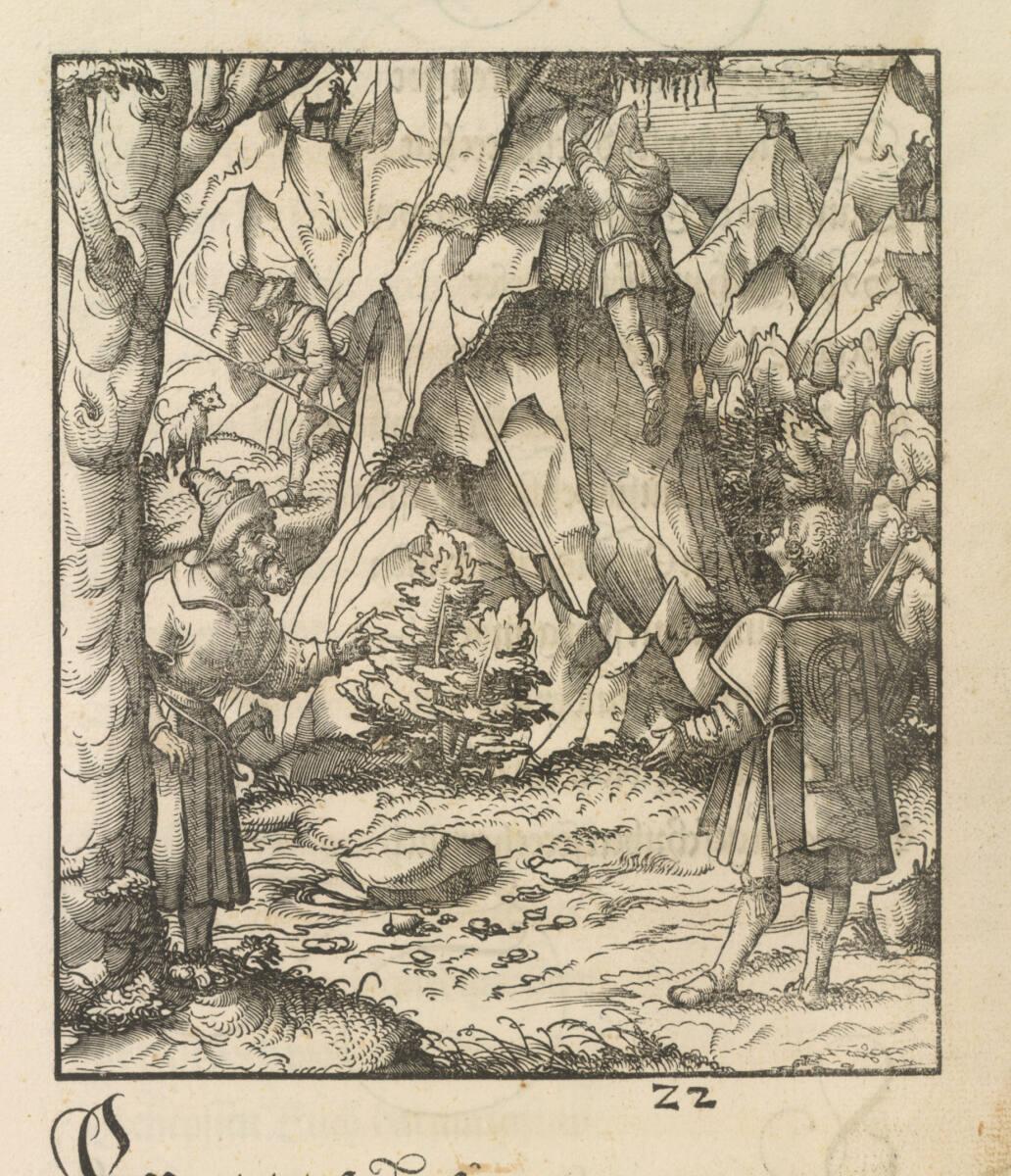 Hans Burgkmair d. Ä., Theuerdank: Bild 22 - Theuerdank auf einem hohen Gebirgspfad auf Gämsenja…