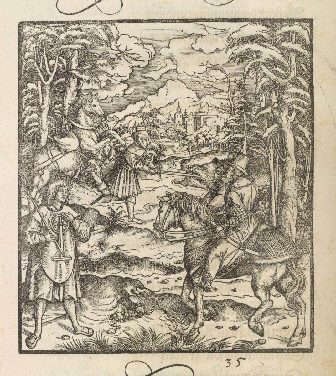 Leonhard Beck, Theuerdank: Bild 35 - Theuerdank im Bildmittelgrund bleibt bei der Wildschweinja…