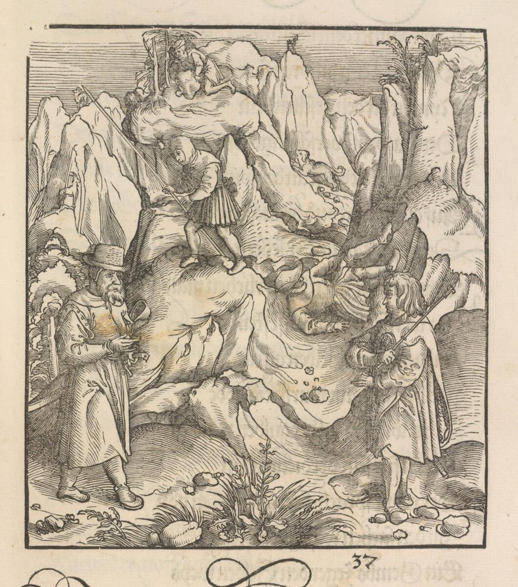Leonhard Beck, Theuerdank: Bild 37 - Ein Bauer wirft bei der Gämsenjagd im Hochgebirge Steine a…