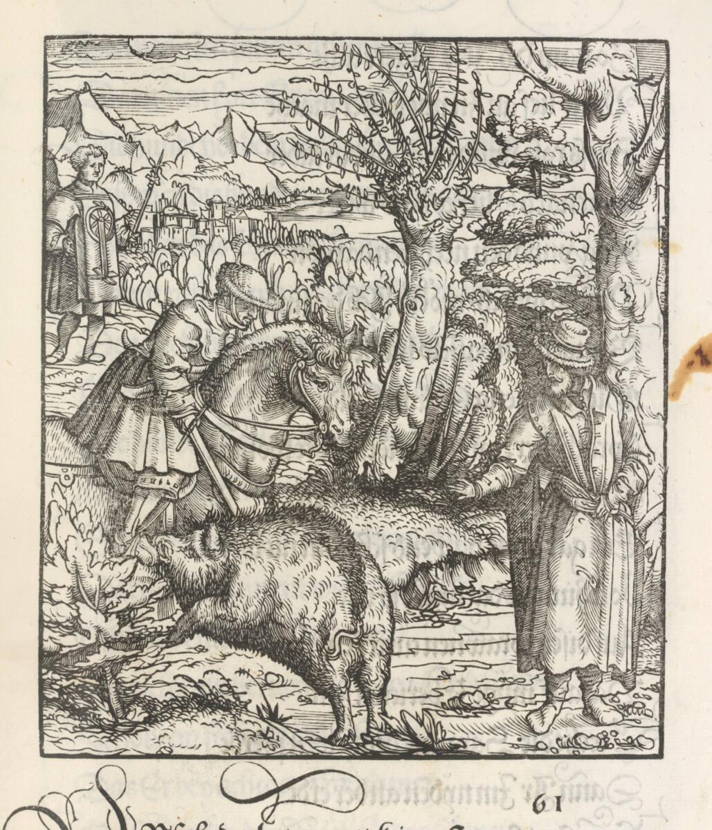 Hans Burgkmair d. Ä., Theuerdank: Bild 61 - Ein Eber rast auf das Pferd Theuerdanks zu, der ihn…