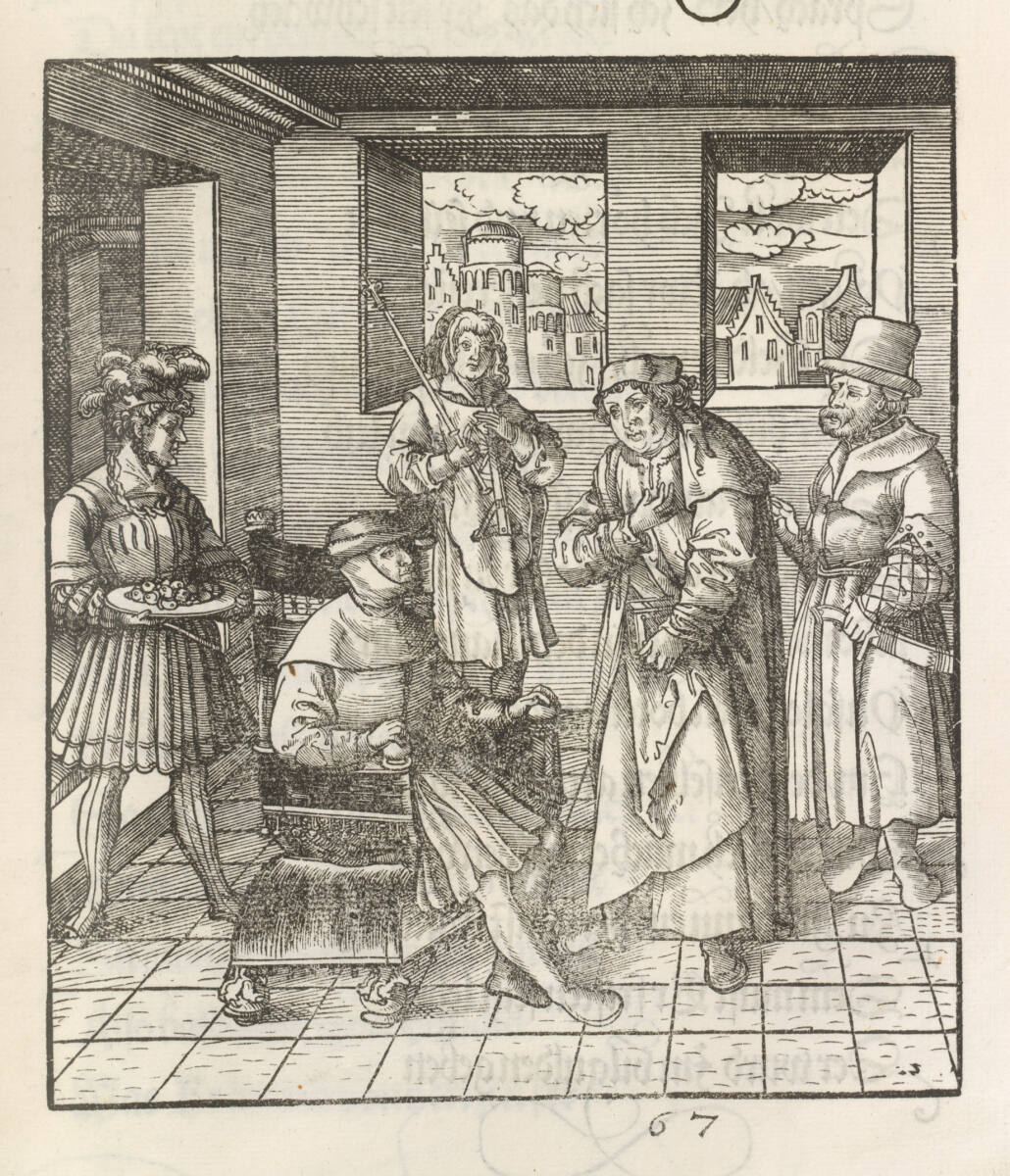 Theuerdank: Bild 67 - Theuerdank, auf einem Thronsessel sitzend, wird durch einen Arzt beraten; im Hintergrund ein Diener, der ihm eigene Medizin besorgt, 1517