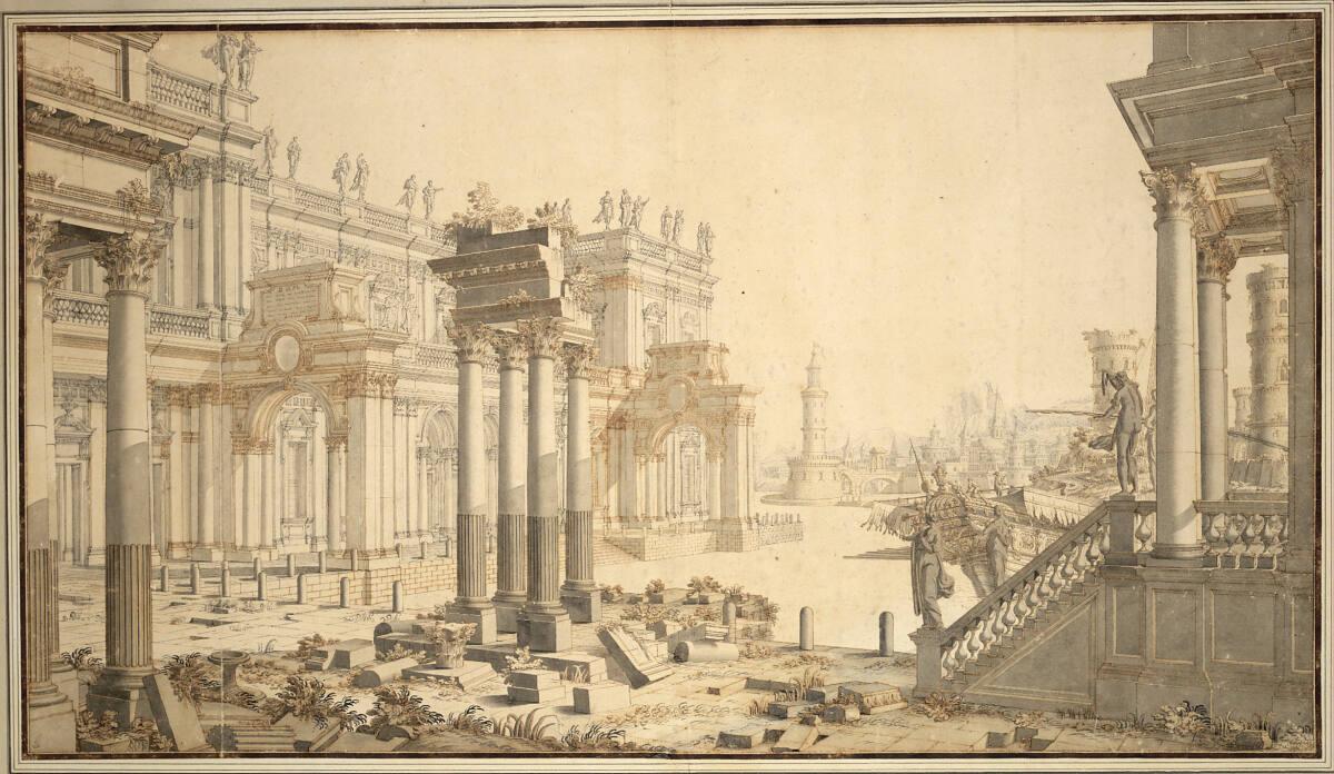 Giuseppe Galli Bibiena, Platz mit Säulenbauten an einem Meereshafen, Inv. Nr.: 17248