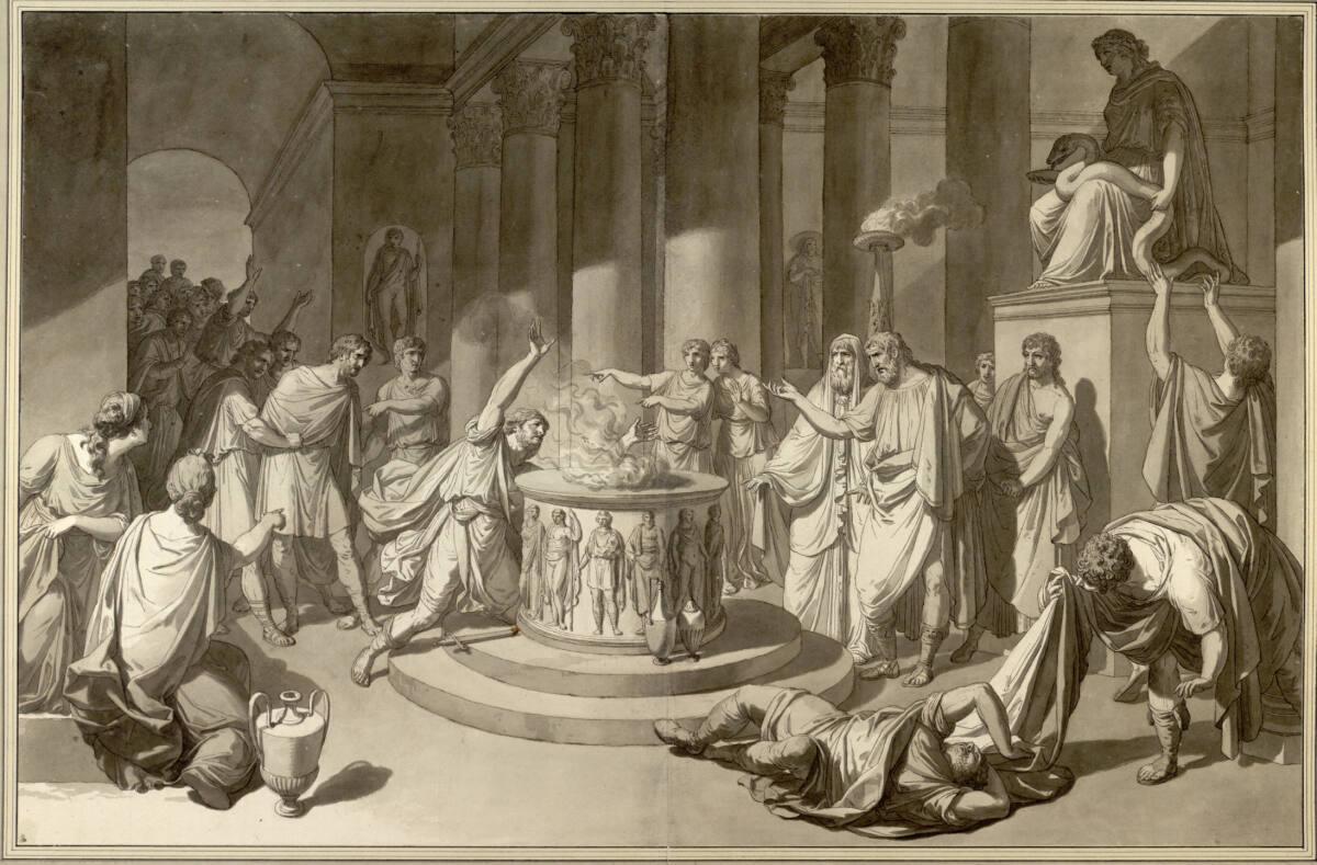 Franz Caucig, Timoleon begnadigt den vom Tyrannen Hiketas gesandten Mörder (Plutarch, Timoleon,…