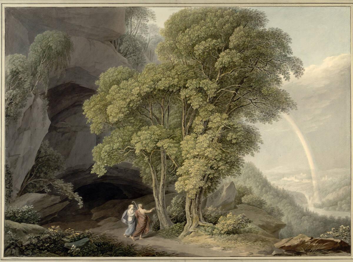 Christian August Günther, Landschaft nach einem Gewitter mit einem Hirtenpaar in antikisierende…