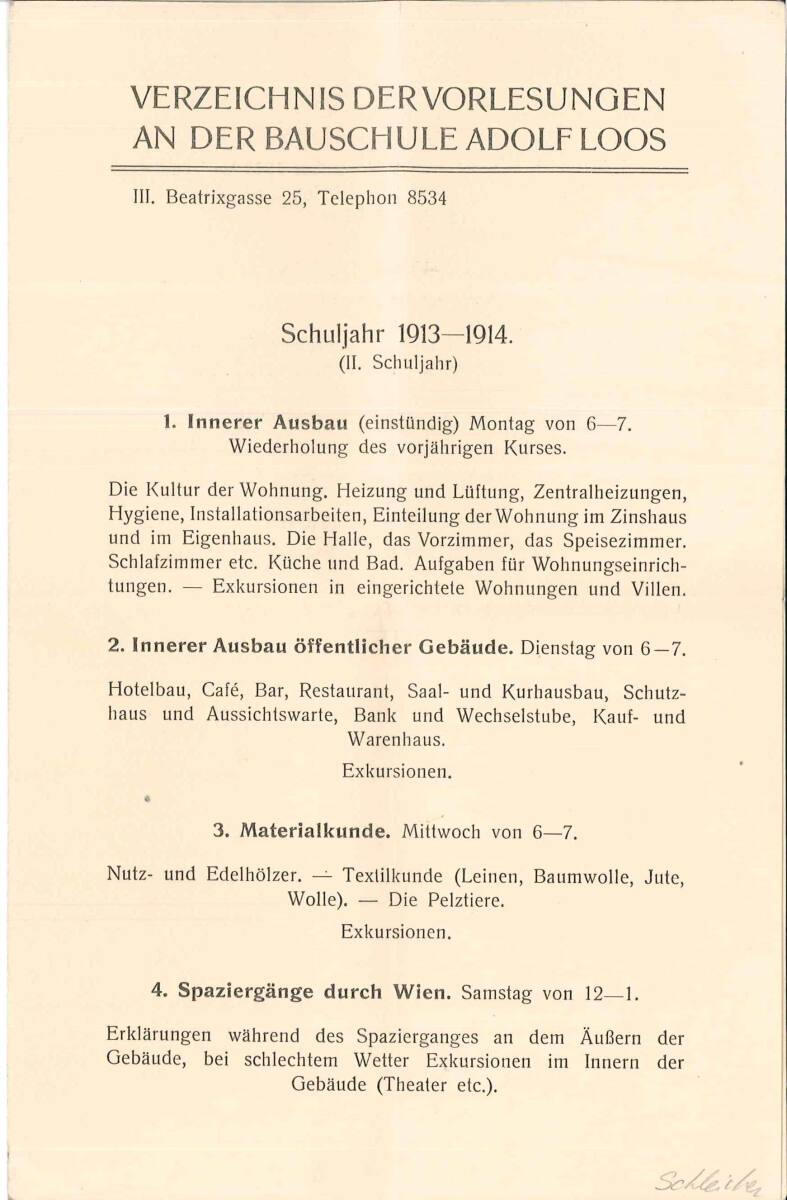 Gedrucktes Verzeichnis der Vorlesungen an der Bauschule Adolf Loos, Schuljahr 1913-1914, Inv. N…