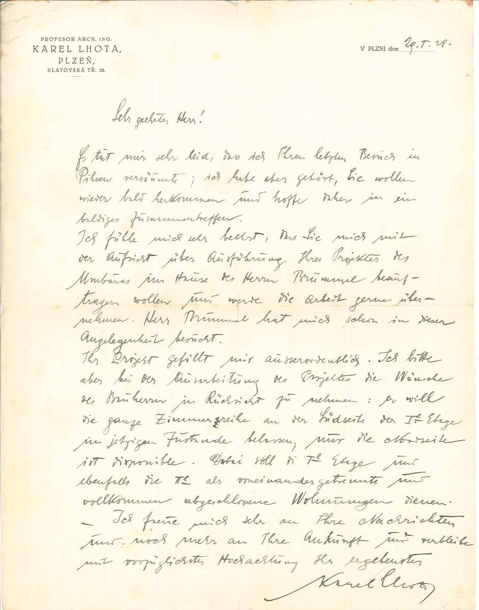 Brief von Karel Lhota, Pilsen, Klatovska Tr. 22 an Adolf Loos, betreffend Beauftragung für Um- …