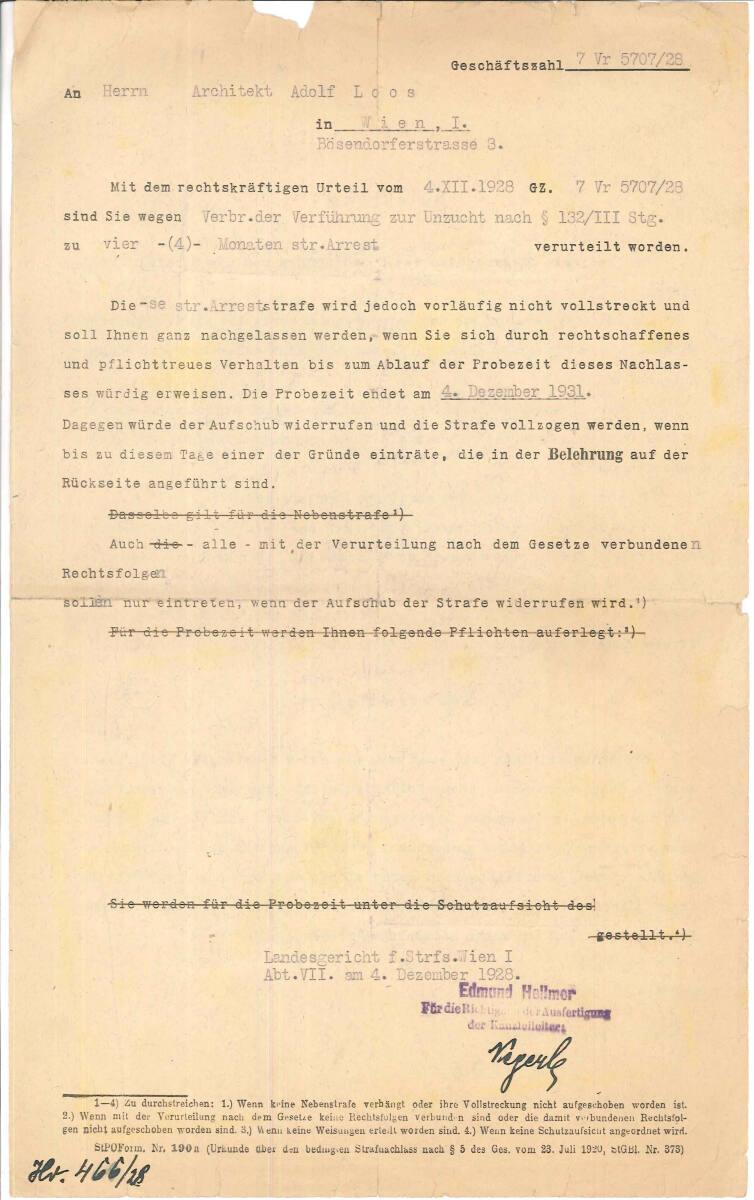 Urteil für Adolf Loos: „Mit dem rechtskräftigen Urteil vom 4.12.1928 … sind Sie wegen Verbreche…