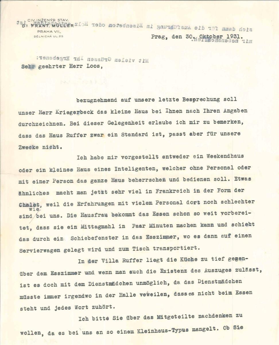 Brief Frantisek Müller aus Prag an Adolf Loos, Inv. Nr.: ALA3586