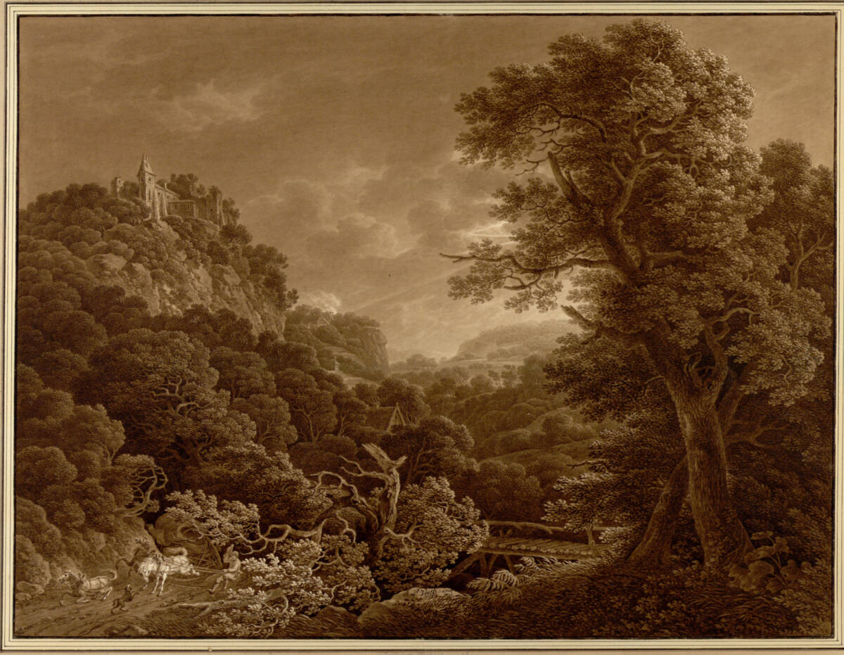 Waldiges Flusstal mit Schloss auf einem Felsen im Gewitter, Johann Philipp Veith, 1796