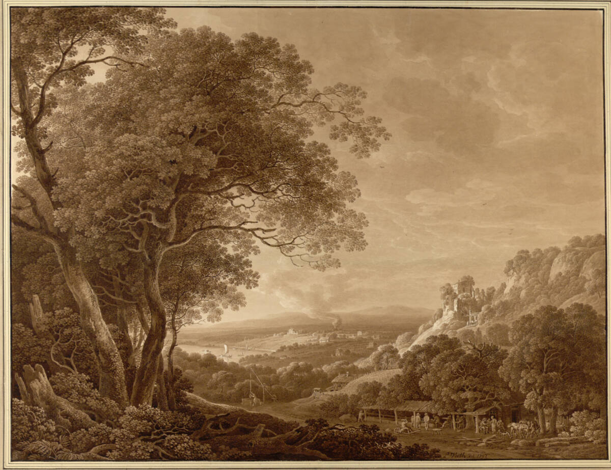 "Der Abend" (Landschaft mit Blick in ein Flusstal, im Vordergrund ein Ausflugslokal und kegelspielende Gäste), Johann Philipp Veith, 1797