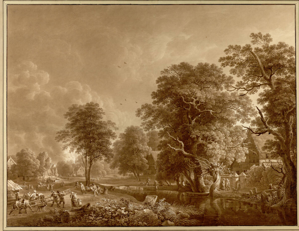 "Die Feuersbrunst" (Löscharbeiten in einem Dorf am Fluss), Johann Philipp Veith, 1797