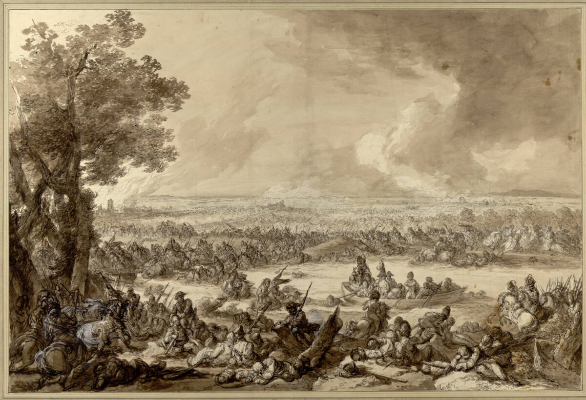 Die Niederlage der französischen Armee bei Aspern (21./22.5.1809): Napoleon überquert in einem Kahn die Donau, Ignace Duvivier, 1809