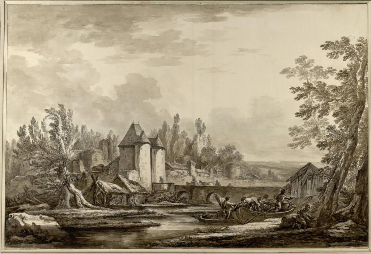 Ignace Duvivier, Flußlandschaft mit Steinbrücke und Booten, Inv. Nr.: 17423