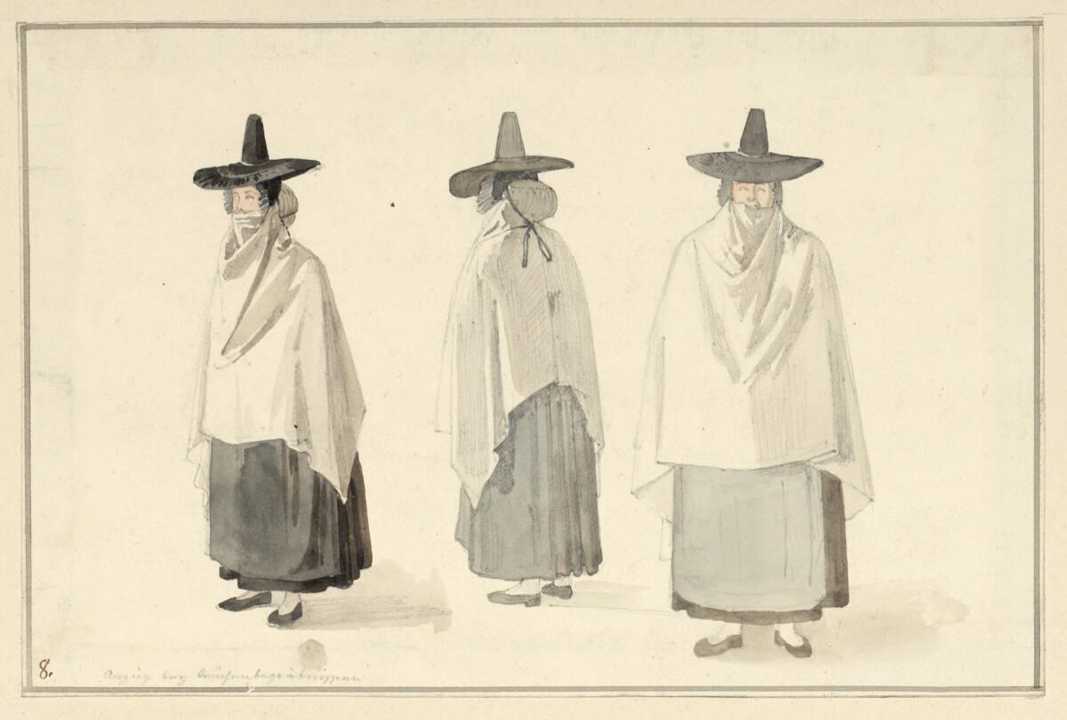 Thomas Ender, Drei Frauenfiguren zur Illustration einer Waliser (?) Trauertracht, Inv. Nr.: 175…