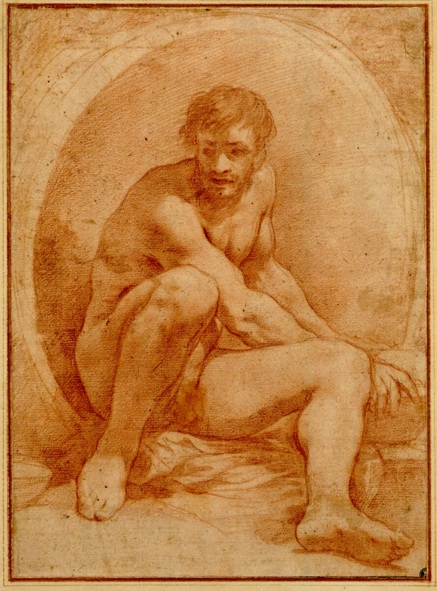 Diogenes in Vorderansicht in seinem Fass sitzend, in beiden Händen nach rechts hin einen Napf haltend, Pietro da Cortona