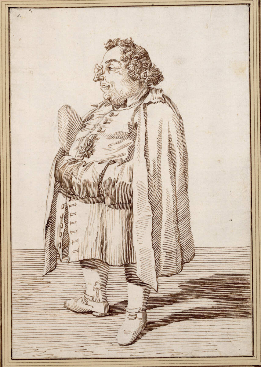Ein kleiner korpulenter Mann nach links, einen Kneifer auf der Nase, die Hände in die Ärmel gesteckt, ein Ordenskreuz an der Brust, Pier Leone Ghezzi